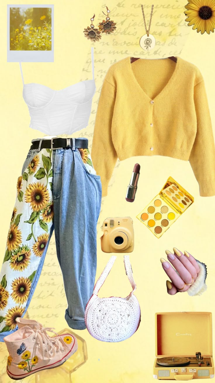 Sunflower Outfit Ideas, Sunny Aesthetic Outfits, Cottagecore Outfits With Jeans, Sunflower Aesthetic Outfit, Hopecore Outfit, Sunflower Inspired Outfit, Yellow Cottagecore Outfits, Cottagecore Aesthetic Clothing, Honey Core Outfits