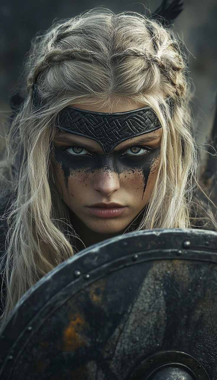 Warrior Eye Makeup, Viking Warrior Woman Costumes, Celts Warrior, Viking Shield Maiden Costume, Woman Viking Costume, Amazoness Warrior, Viking Woman Aesthetic, Viking Halloween Costume Women, Viking Costume Female