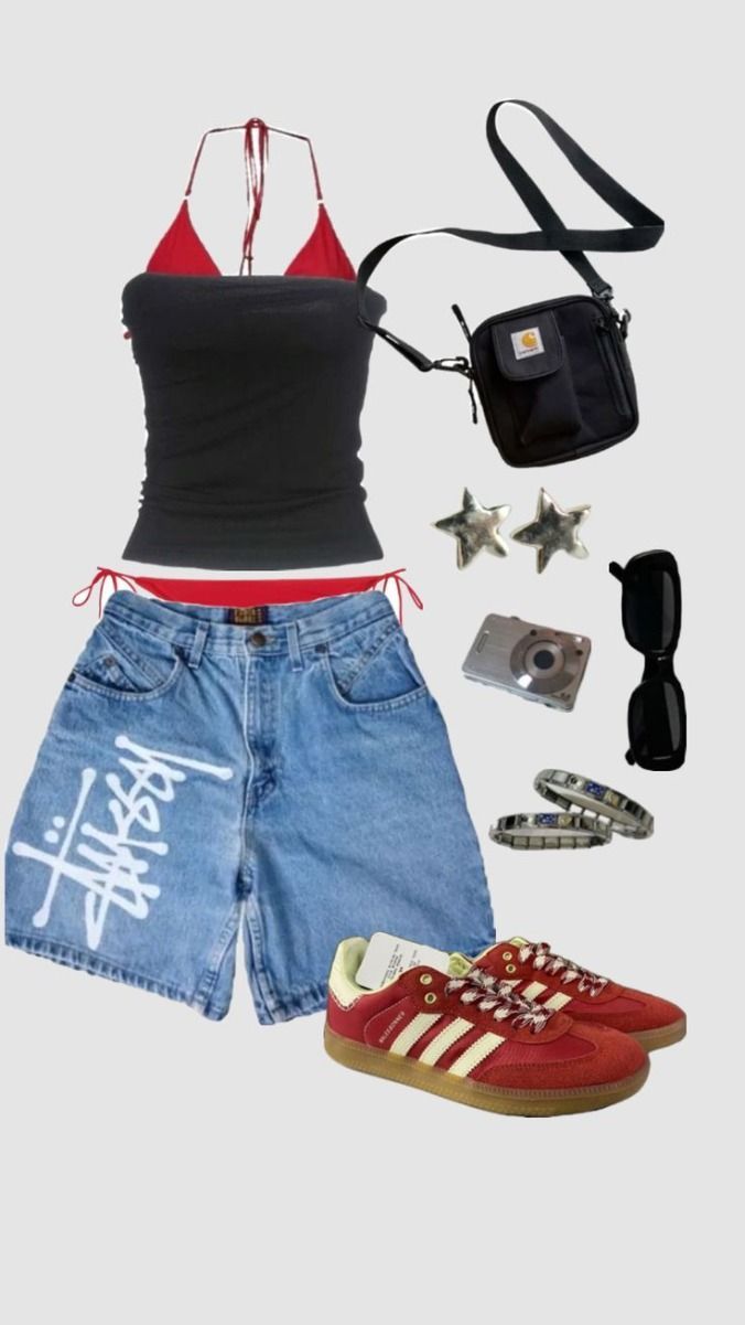 Summer Y2k Fits, Silver Outfit Aesthetic, Summer Fits Y2k, Y2k Summer Fits, Summer Outfits Jorts, Sambas Aesthetic, Adidas Outfit Ideas, Stussy Outfit, Outfits Jorts