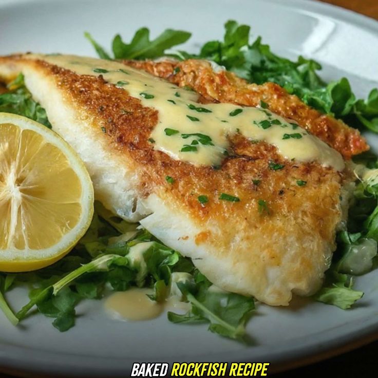 a white plate topped with fish and greens