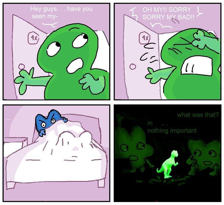 a comic strip with an image of a green alien in bed