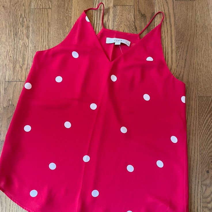 Loft Camisole Style Top. New W Tags, Never Worn. Excellent Condition. Size: Xs Petite Color: Red W White Polka Dots Fabric: Sheer Rayon W Solid Lining (100% Polyester) Features: Petite, Spaghetti Straps, Not Adjustable, Lined, V Neck, Flowy Chic Polka Dot Tank Top For Summer, Spring Chic Polka Dot Tank Top, Chic Polka Dot Tank Top For Spring, Fitted Polka Dot Casual Tank Top, Cute Red Summer Tank Top, Cute Red Spring Tank Top, Cute Red Tank Top For Spring, Casual Red Camisole For Spring, Casual Red Sleeveless Camisole