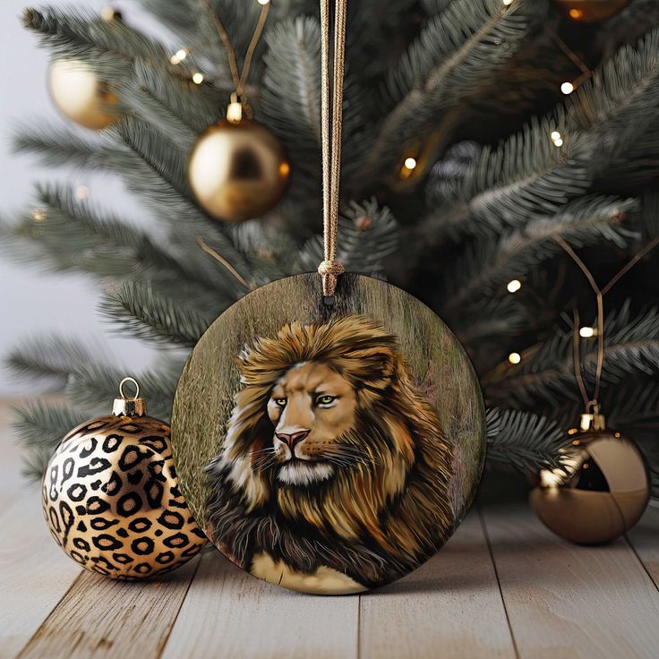 an ornament with a lion on it next to a christmas tree and ornaments