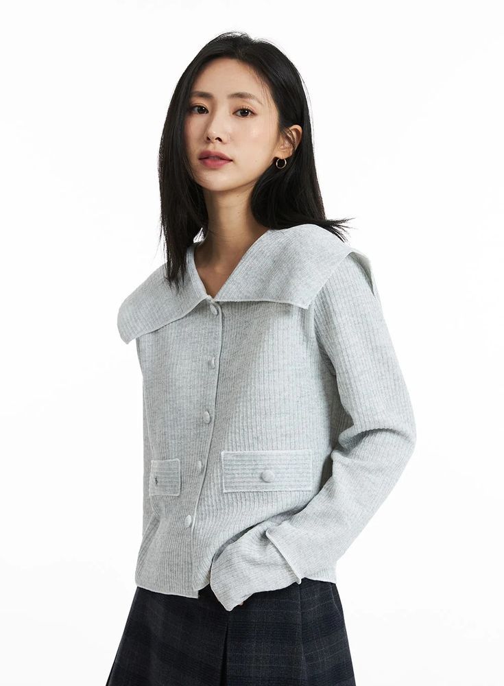 Lovely Collar Buttoned Cardigan OO323 - Korean Women's Fashion | LEWKIN Fall Collared Blouse With Hidden Button Closure, Lapel Collar Cardigan With Button Closure For Fall, Chic Button-up Cardigan With Ribbed Collar, Fall Cardigan With Button Closure And Lapel Collar, Collared Outerwear With Button Closure For Office, Classic Collared Outerwear For Office, Button-up Winter Cardigan For Office, Fitted Cardigan For Office, Winter Office Button-up Cardigan