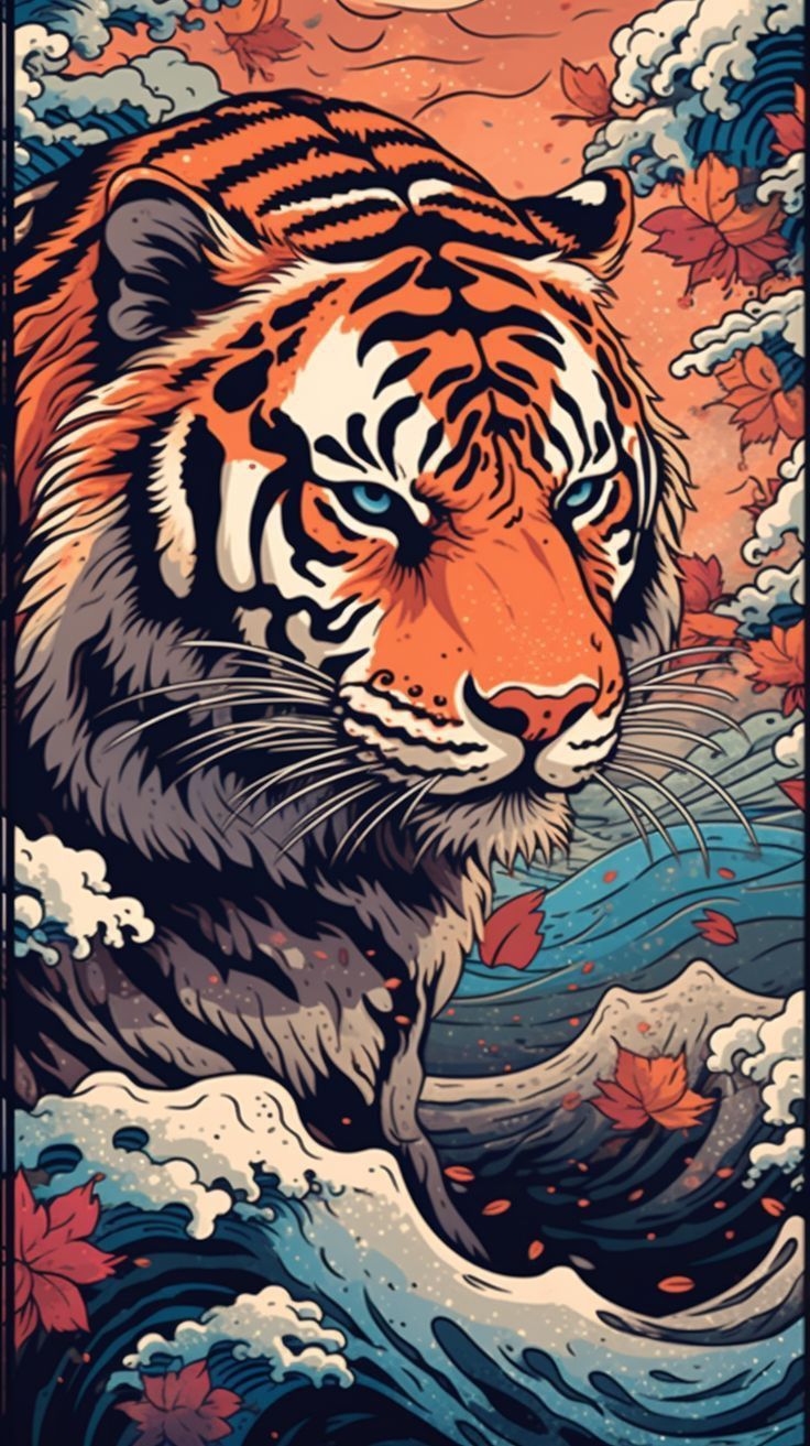 a tiger is walking through the water with leaves on it's head and body