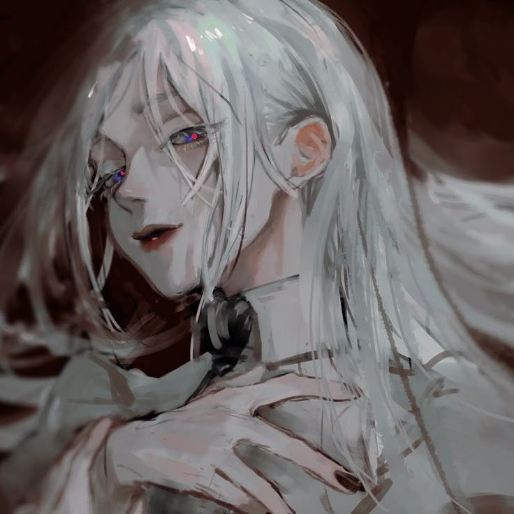 an anime character with long white hair and blue eyes, holding his hands on his chest