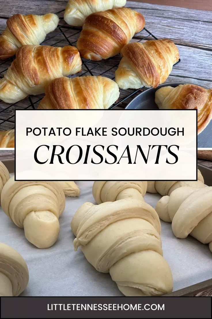 some croissants sitting on top of a table next to other pastries