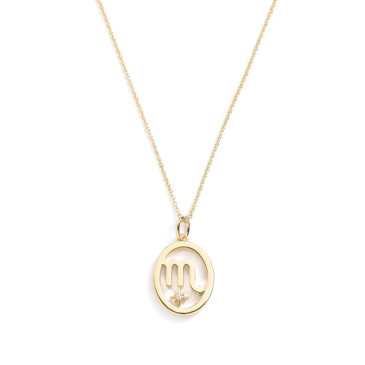 the zodiac sign necklace is shown on a gold plated chain with a small flower