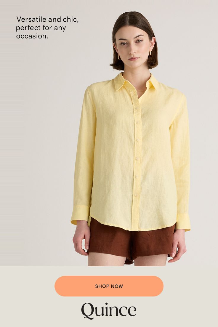 The wash, dry, and go linen shirt you've been waiting for. Chic yet casual, this classic button-up is a true wardrobe essential. Did we mention, it goes with just about everything? Including our organic linen pants.  | Quince | Women's Long Sleeve Shirt in Soft Yellow, Size Medium, Linen Classic Everyday Dress Shirt For Spring, Classic Dress Shirt For Everyday Spring Wear, Classic Relaxed Fit Button-up Shirt, Elegant Everyday Shirt With Placket Detail, Elegant Everyday Shirt With Placket, Elegant Everyday Shirt, Classic Spring Shirt With Placket, Elegant Relaxed Fit Shirt For Everyday, Spring Shirt With Lapel Collar For Everyday