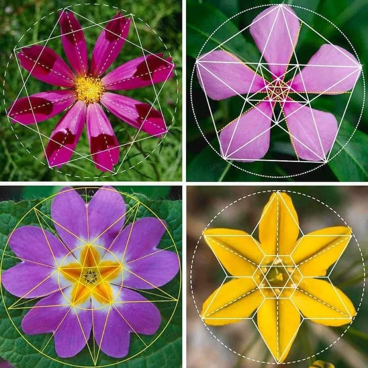 four different types of flowers are shown in three pictures, one is purple and the other is yellow