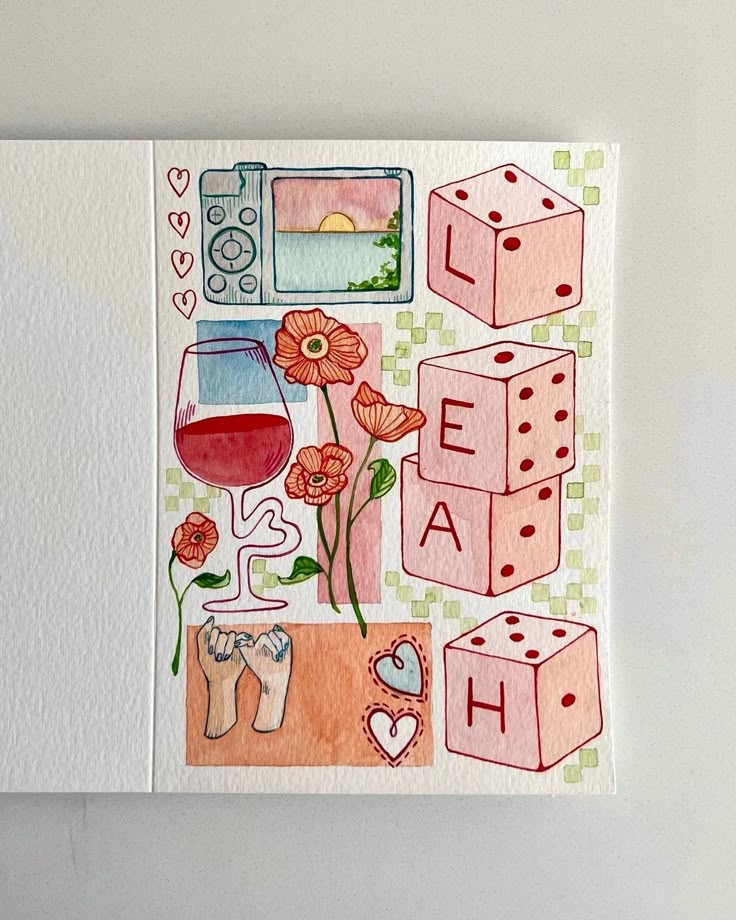 a card with the words tea and dices next to some flowers, hearts, and a glass of wine