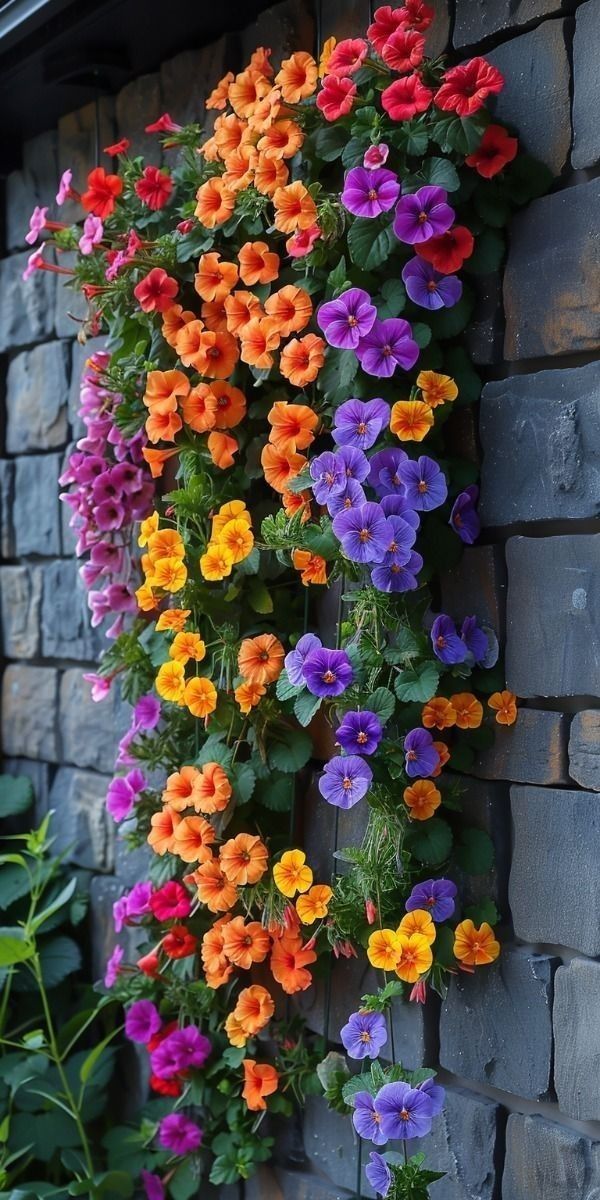 colorful flowers growing on the side of a brick wall