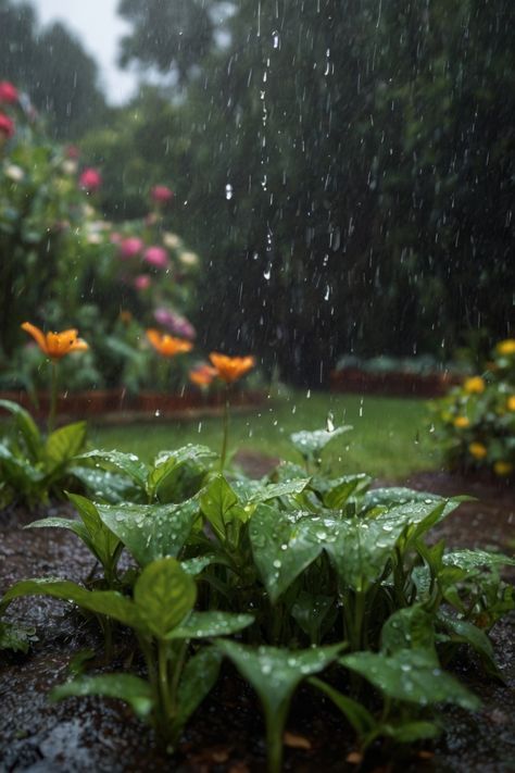 the rain is coming down on some plants and flowers in the garden, with one yellow flower growing out of the ground