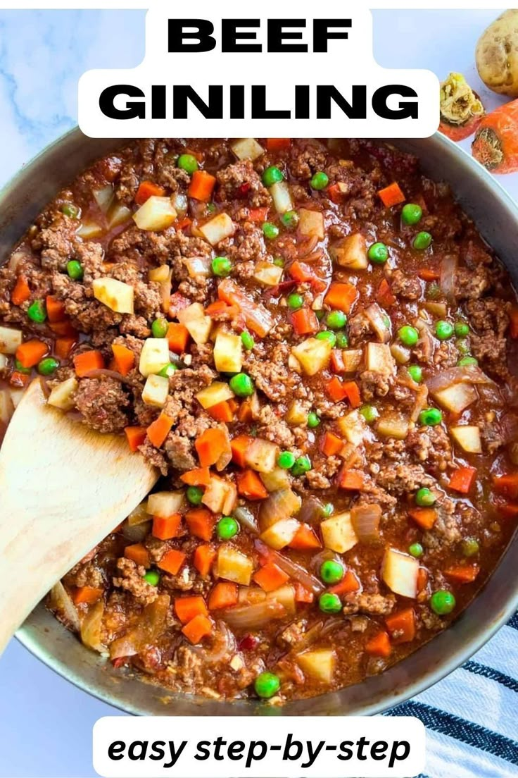 beef and vegetable stew in a skillet with text overlay