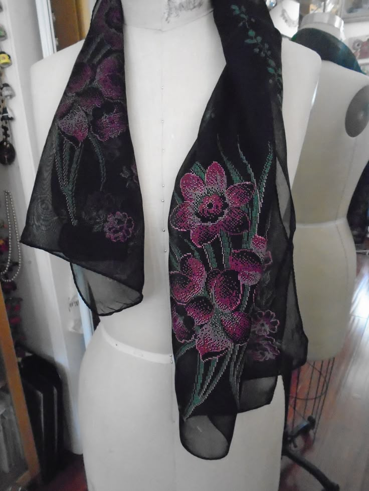 Long black sheer scarf feels like a nylon acetate blend pre 1980's era beautiful floral design cleaned and pressed might need more pressing a couple very light snags appears hand rolled hem no makers tag Nice as shown please review pictures and satisfy self more linens in my Ebay store https://www.etsy.com/shop/houseofpatterns Black Silk Scarf, Clean And Press, Flower Scarf, Sheer Scarf, Cabbage Roses, Grey Scarf, Des Roses, Black Chiffon, Next Fashion