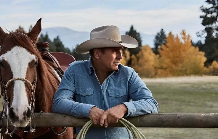 a man leaning on a fence next to a brown horse wearing a cowboy hat and holding a rope