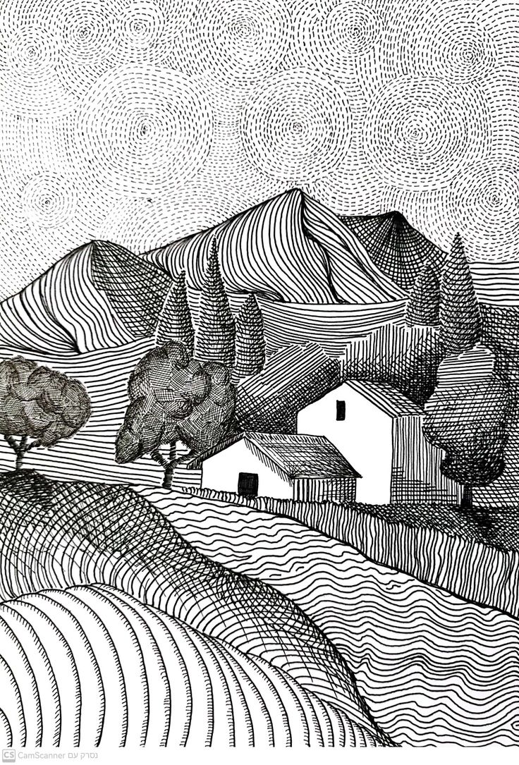 a black and white drawing of houses on a hill with trees in the foreground