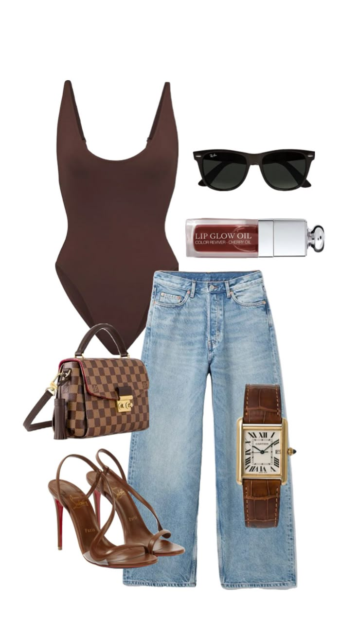 a woman is wearing high waist jeans and brown tank top with her handbag, sunglasses,