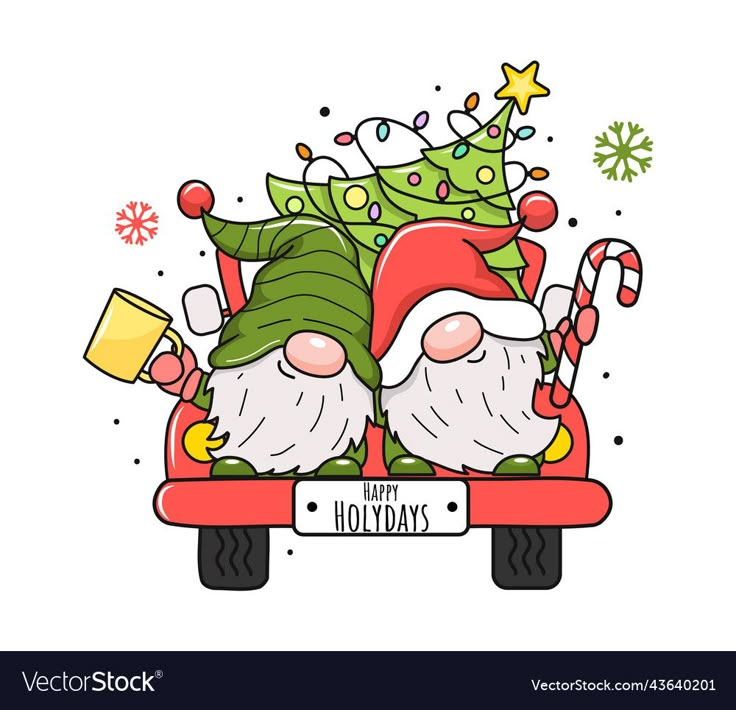 santa claus in the back of a red car with christmas tree and candy canes