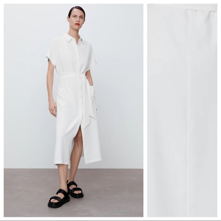 Nwt. Zara White Belted Shirt Midi Dress With Collar, Short Turn-Up Sleeves, Front Patch Pockets, Belt In The Same Fabric And Front Closure With Contrast Buttons. Size M. Ref. 2332/522. Pit To Pit 22" Flat, Sleeves 12" From Neckline, Waist 20", Length 50".1042 White Short Sleeve Shirt Dress For Work, White Short Sleeve Shirt Dress For Daywear, White Button-up Maxi Dress For Summer, Summer Office Midi Dress With Pockets, Midi Dress With Pockets For Summer Office Wear, White Shirt Dress With Pockets For Summer, Casual White Midi Length Shirt Dress, Summer Office Button-up Midi Dress, White Short Sleeve Shirt Dress With Relaxed Fit