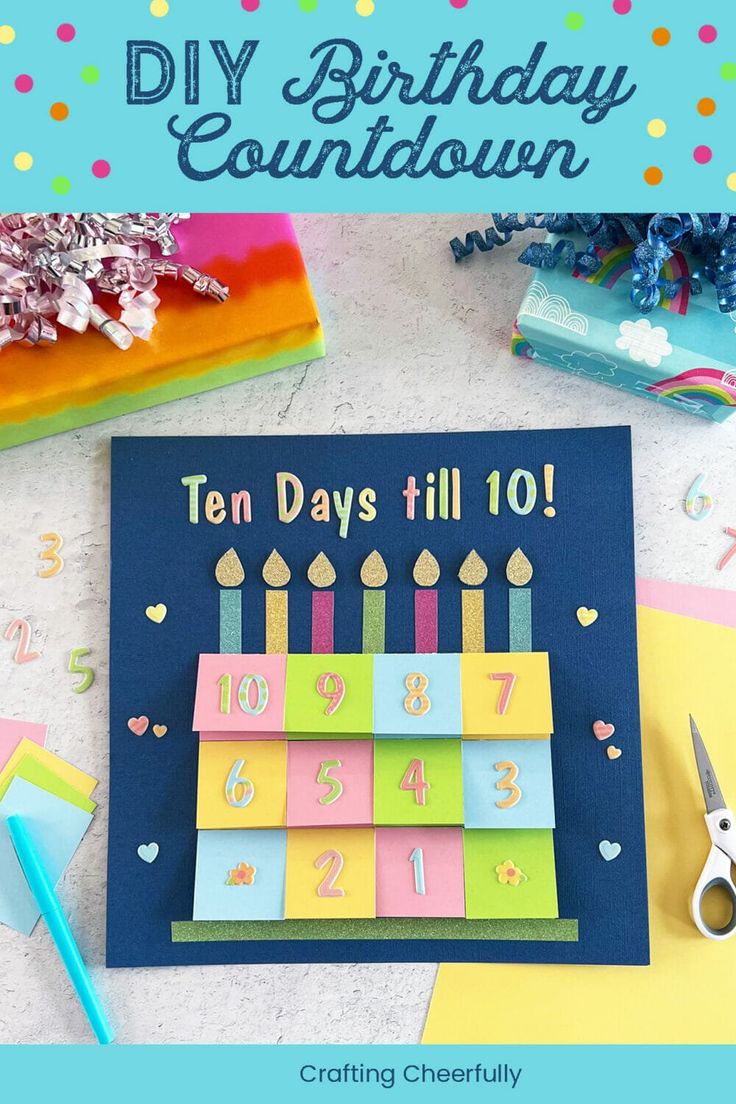 a birthday card with candles and confetti on it, next to some crafting supplies