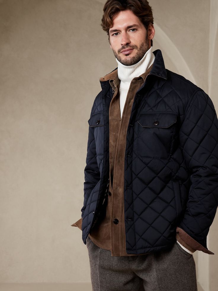 Plenty and practical, this quilted shirt jacket uses a unique waxed fabrication that develops a beautiful patina over time, making every piece one-of-a-kind to the wearer.  Our designers finished the silhouette with ample pocket storage for your trav Mens Quilted Jacket Outfit, Diamond Quilted Long Sleeve Outerwear For Fall, Casual Diamond Quilted Outerwear For Fall, Fall Long Sleeve Outerwear With Diamond Quilting, Long Sleeve Diamond Quilted Outerwear For Fall, Casual Diamond-quilted Outerwear For Fall, Casual Outerwear With Diamond Quilting, Quilted Fall Puffer Jacket For Travel, Fall Travel Quilted Puffer Jacket