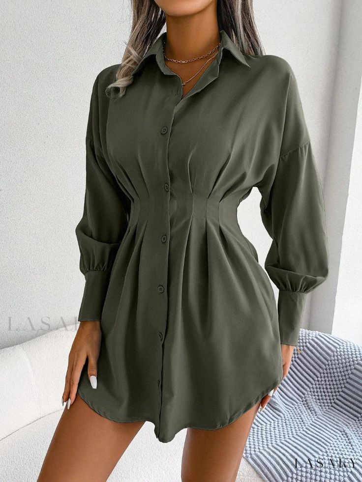 Lasaky - Asymmetric Waist Cinched Lantern Sleeve Shirt Dress Modest Outfits Muslim, Outfits Muslim, Short Shirt Dress, New Kurti Designs, Pleated Shirt Dress, New Kurti, Dress Asymmetrical, Asymmetric Dress, Pleated Shirt