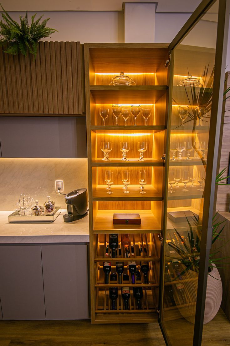 an open cabinet with wine glasses in it