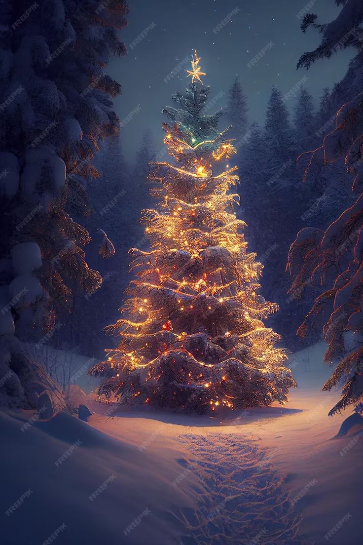 a lighted christmas tree in the middle of a snowy forest at night with snow on the ground