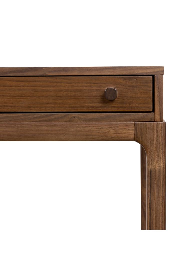 a wooden table with two drawers on one side and an open drawer on the other