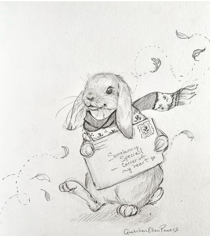 a pencil drawing of a rabbit holding a sign