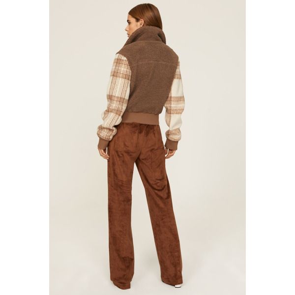 Brown mixed materials (100% Polyester). Bomber. Long sleeves. Front zipper closure. 23" from shoulder to hemline. Imported. Chic Fall Outerwear With Zip Cuffs, Brown Winter Outerwear With Zip Cuffs, Fall Collared Outerwear With Ribbed Cuffs, Fall Outerwear With Corduroy Collar, Fall Cropped Jacket With Ribbed Cuffs, Fall Cropped Long Sleeve Jacket With Ribbed Cuffs, Fall Long Sleeve Cropped Jacket With Ribbed Cuffs, Fall Cropped Jacket With Zip Cuffs And Long Sleeves, Fall Cropped Long Sleeve Jacket With Zip Cuffs