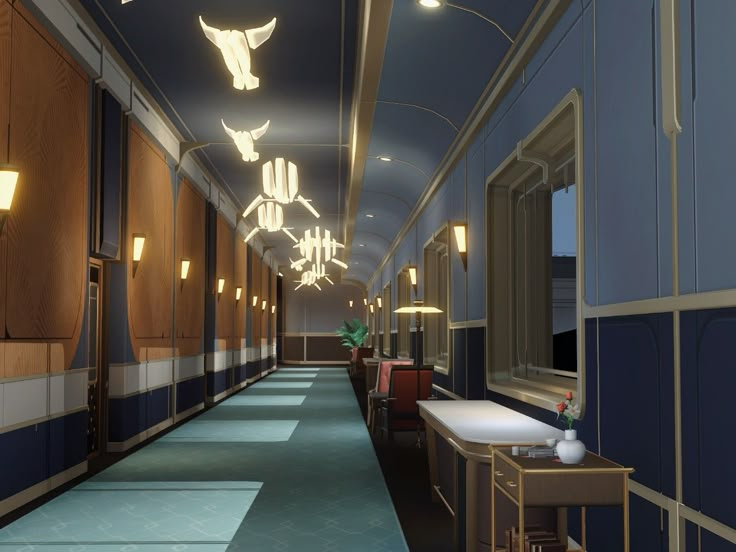 a long hallway with blue walls and lights on the ceiling is lit by two lamps