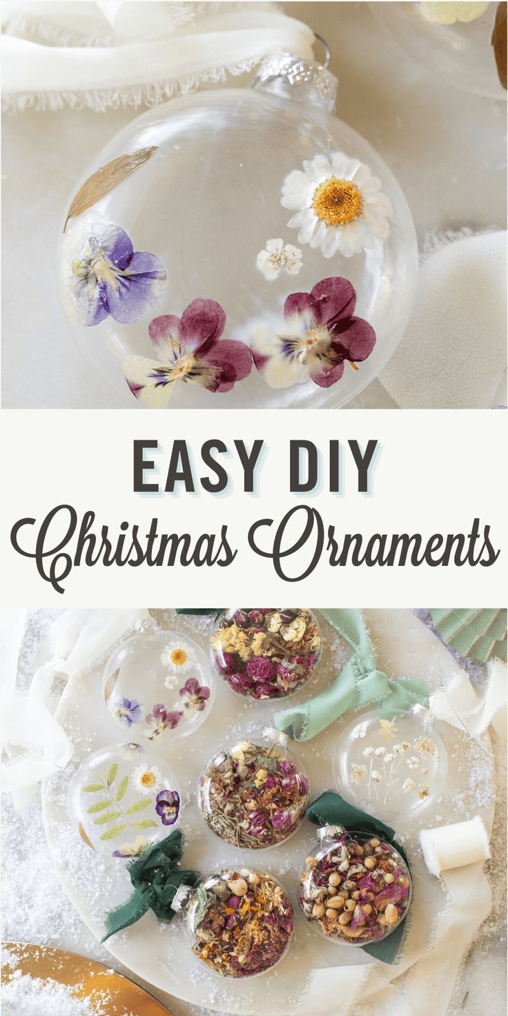 an easy diy christmas ornament with flowers on it and text overlay