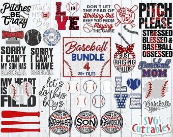 some baseball related items are displayed on a white background with red, blue and black lettering