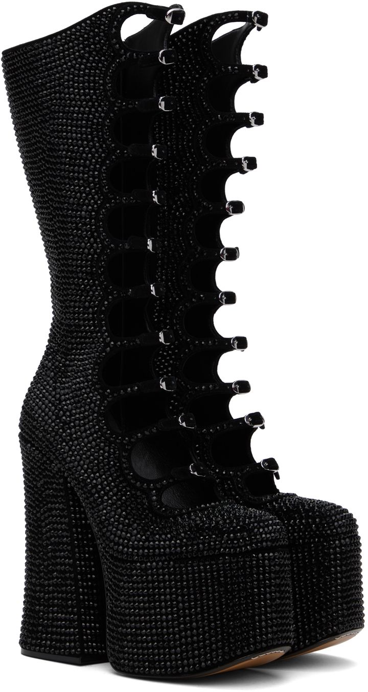 Find MARC JACOBS Black 'the Rhinestone Kiki Knee-high' Tall Boots on Editorialist. Calf-high suede boots in black. · Crystal-cut detailing throughout �· Pin-buckle straps at vamp · Zip closure at inner side · Buffed leather lining · Covered platform midsole · Block heel with rubber injections · Smooth leather sole · Heel: H6 · Platform: H3 Supplier color: Black/Black Tall Platform Heels, Black Buckle Heels, Platform Boots Heels, Marc Jacobs Boots, Alt Shoes, Shoes Gothic, Thigh High Platform Boots, Crazy Heels, Calf High Boots