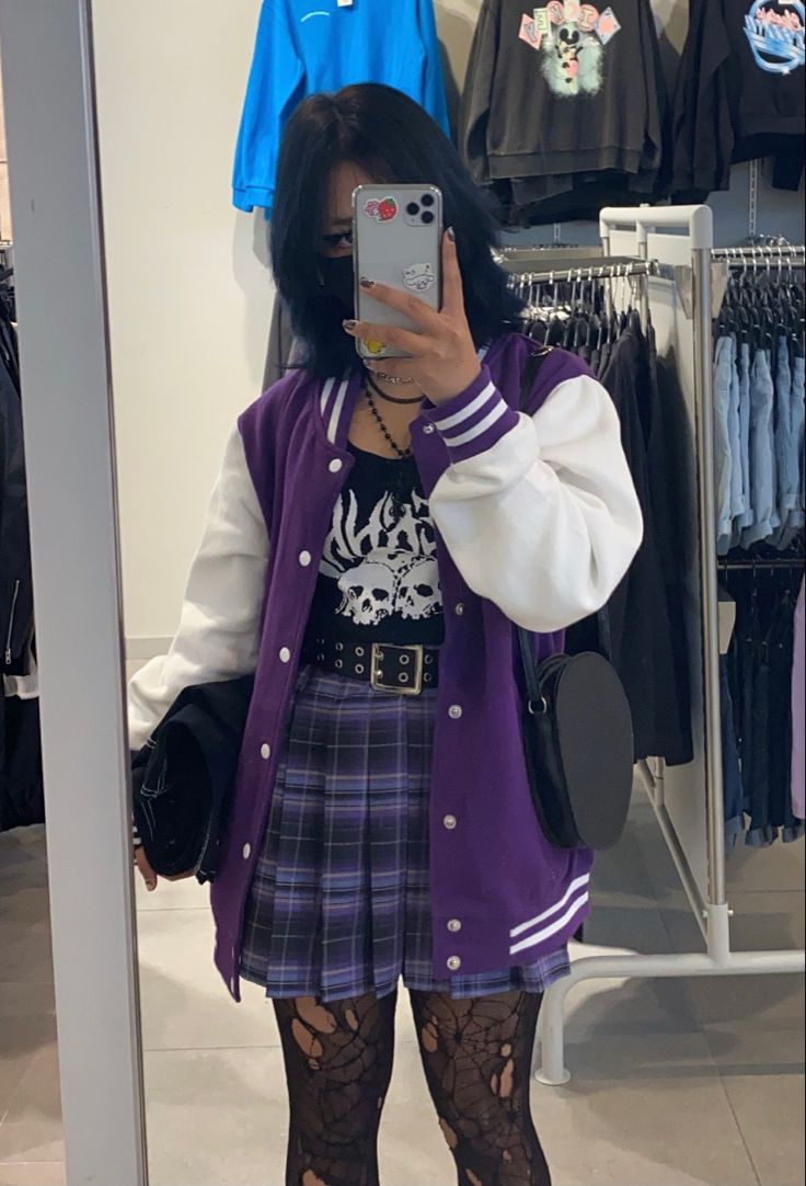 Egirl Outfits Purple, Purple Clothing Ideas, Purple Emo Aesthetic Outfit, Pastel Purple Goth Outfits, Purple Indie Outfit, Gamergirl Aesthetic Outfits, Edgy Purple Outfit, Barbie Outfits Aesthetic Grunge, Purple Date Outfit