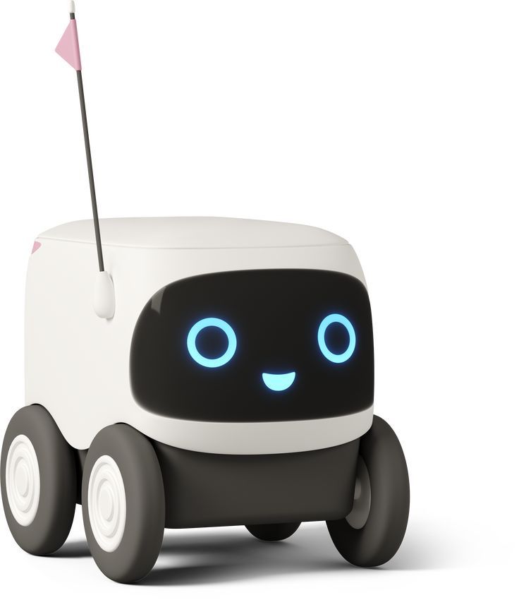 a white and black toy car with blue eyes on it's face, holding a pink flag