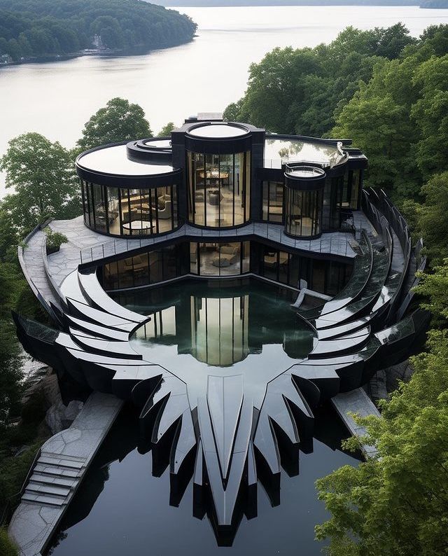 an aerial view of a large building surrounded by trees and water with stairs leading up to it