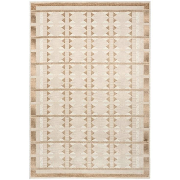 a beige and white rug with an arrow pattern on the bottom, in front of a white background