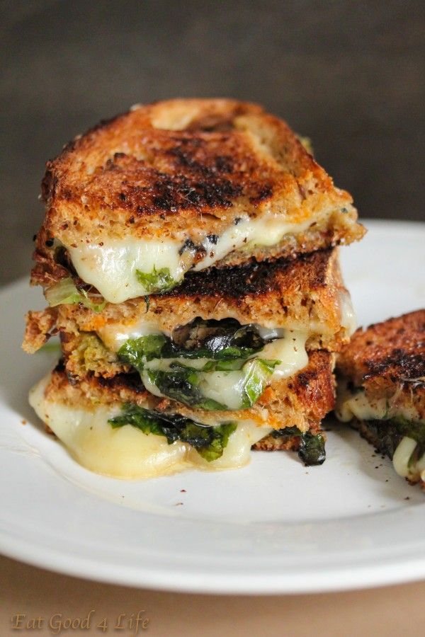 a grilled cheese and spinach sandwich on a white plate