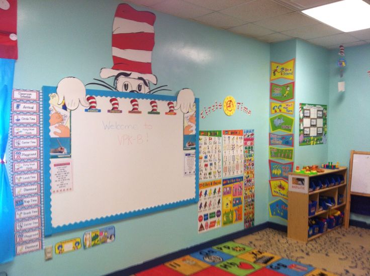 a classroom with blue walls and dr seuss's hat on the whiteboard