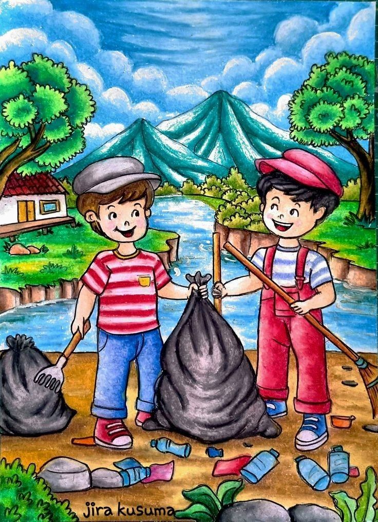 two children standing next to each other with garbage bags and shovels in front of them