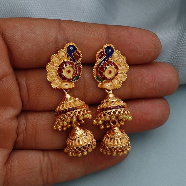 Discover the allure of Handmade Gold Jewelry at https://morvijewels.etsy.com/   Get a dazzling 25% off on all our 22k and 18k gold pieces. Don't miss out on this limited-time offer. Shop now and embrace the radiance of gold! Beautiful 22 Karat Gold Handmade Earrings jhumki Traditional Design jewelry Gold Purity- 22k yellow Gold Length - 5 cm Width - 1.8 cm max Weight - 14.44 grams approx The earrings comes with normal push/backs If you want real gold push please let us know. Thank You Click to s Temple Style Dangle Jhumkas, Festive Meenakari Bridal Earrings For Marriage, Festive Bridal Meenakari Earrings For Marriage, Festive Bridal Meenakari Earrings, Dangle Jhumkas For Wedding And Navratri, Wedding Dangle Jhumkas For Navratri, Traditional Kundan Bridal Earrings For Marriage, Ceremonial Dangle Jhumkas For Festivals, Traditional Bridal Earrings