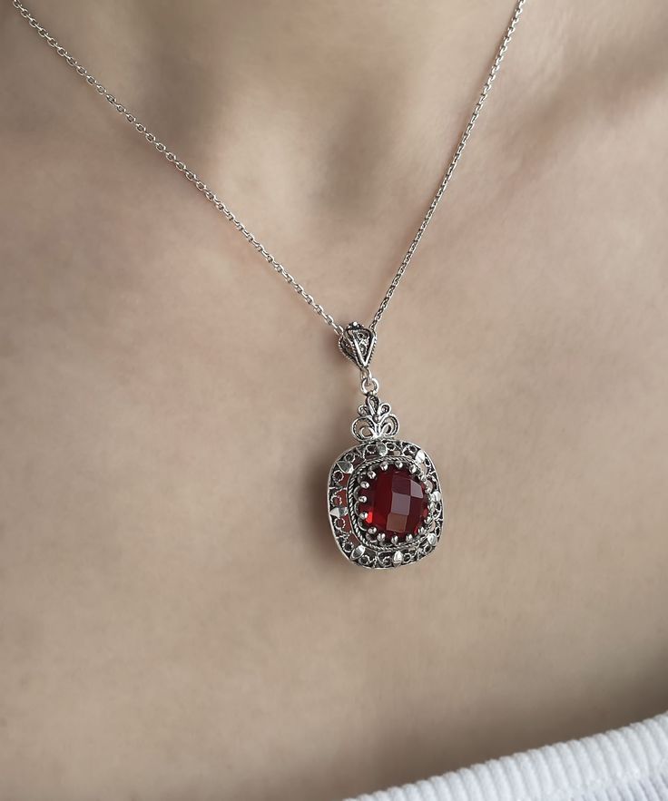 "Ruby Gemstone Silver Gothic Pendant Necklace, 925 Sterling Artisan Made Filigree, Red Ruby Quartz Gemstone Goth Woman Handmade Jewelry Gothic Pendant Necklace, July Pendant Necklace, birthstone necklace, goth women necklace, bridal shower gift, gothic wedding gift Gemstone: Ruby Quartz 12 mm. Ruby is the July birthstone - and it's one of the most coveted of gems. The name is derived from the Latin word ruber, meaning \"red\" - the color of love and passion. Material: 925 Sterling Silver ( NICKE Red Pendant Jewelry With Stones, Red Stone Pendant Jewelry, Ornate Pendant Jewelry With Stone Setting, Ornate Pendant With Stone Setting, Red Crystal Pendant Jewelry, Red Ruby Gemstone Necklaces, Red Garnet Pendant Necklace, Red Garnet Round Pendant Necklace, Red Ruby Gemstone Necklace