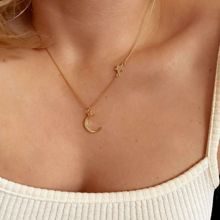 GoldFi Moon and Star Necklace 18k Gold Filled Collares Aesthetic, Bling Stuff, Moon And Star Necklace, Locket Design, Crescent Moon Pendant, Waterproof Jewelry, Moon And Star, Moon Jewelry, Birthstone Charms