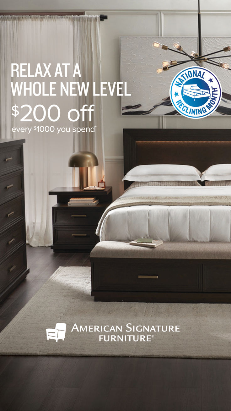 an advertisement for the american signature furniture showroom shows a bed and nightstands with lights on them