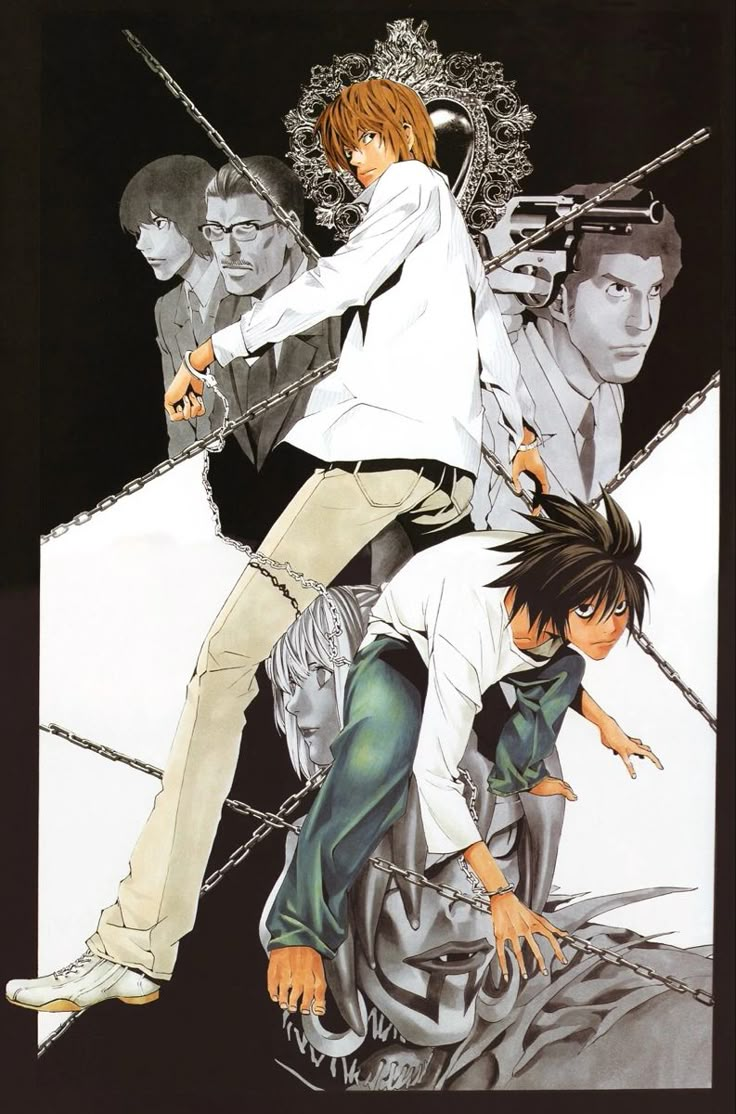 an anime poster with two men holding swords in front of them and another man standing next to him