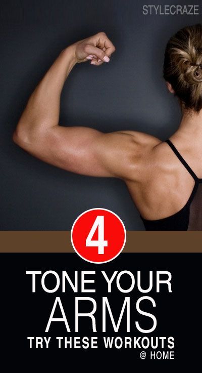 a woman flexing her muscles with the words tone your arms try these workouts and home