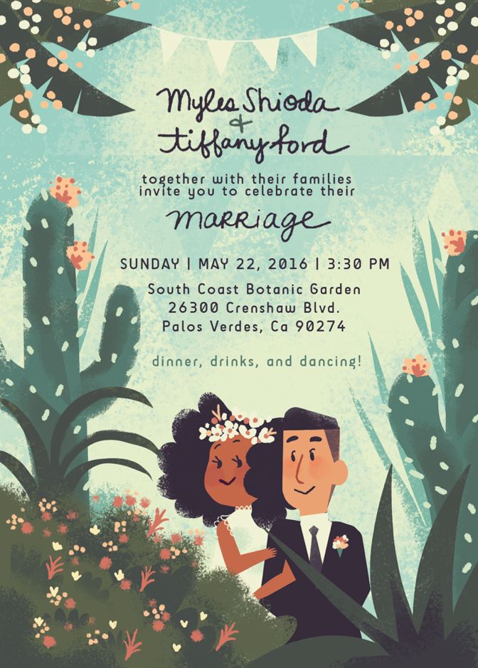 a poster for a wedding with an image of the bride and groom in front of cacti